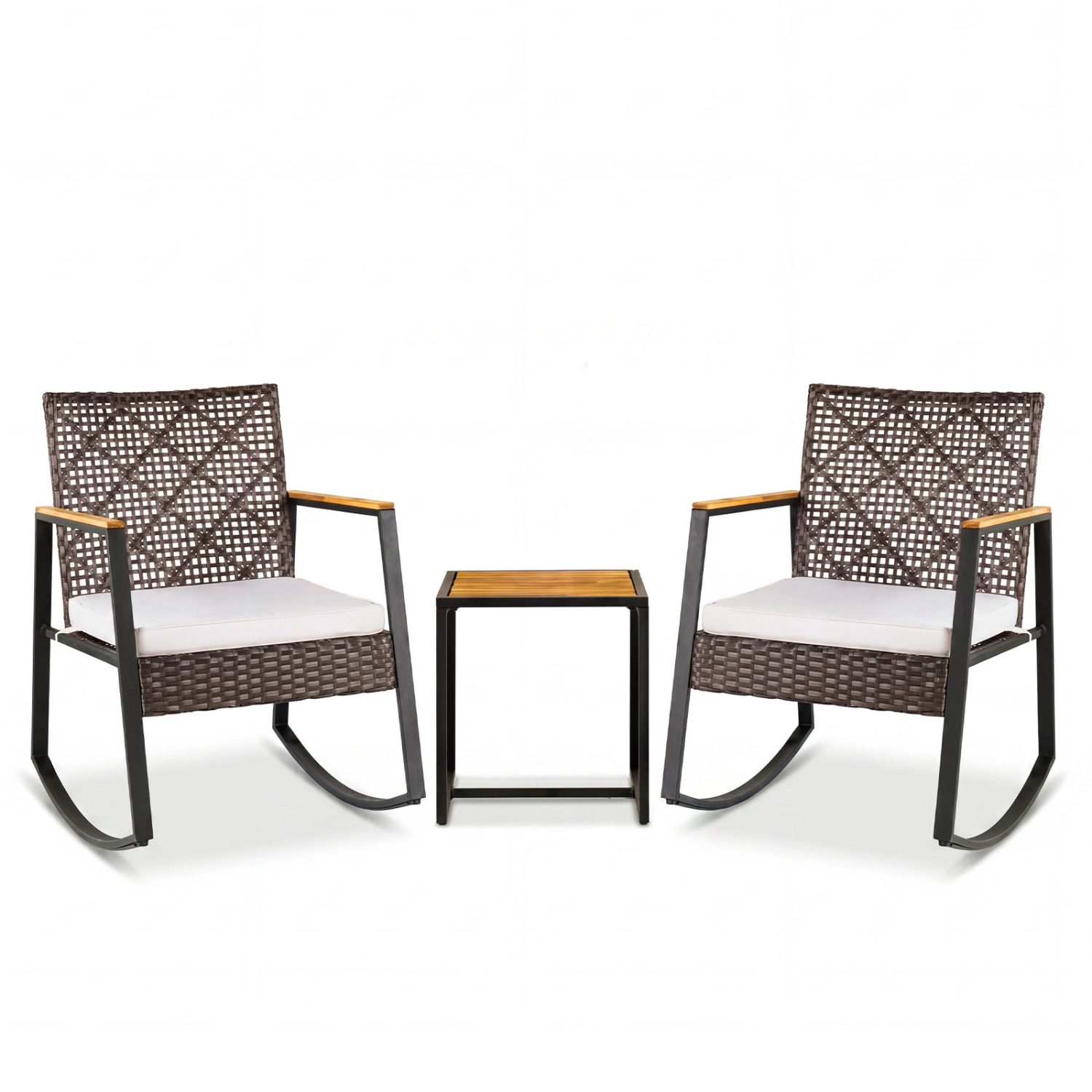 LJG 3-Piece Wicker Rocking Chair Set with Coffee Table and Cushions for Porch