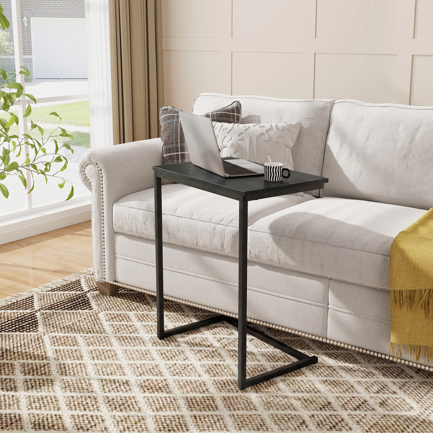 Glintex Slim C-Shaped Snack End Table with Wood Grain Top and Metal Frame, Black