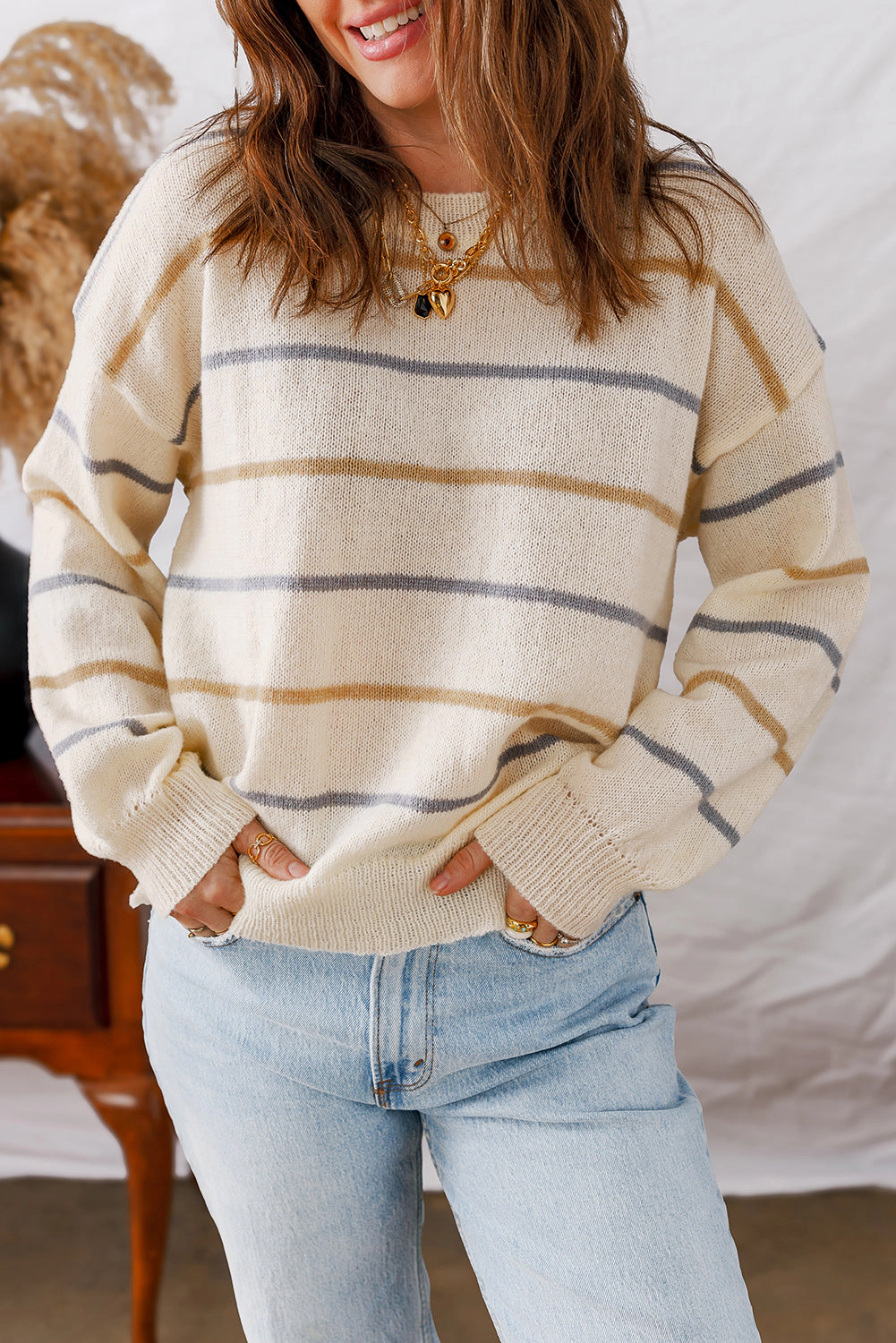 Threaded Pear Women's Eden Striped Ribbed Edge Drop Shoulder Sweater