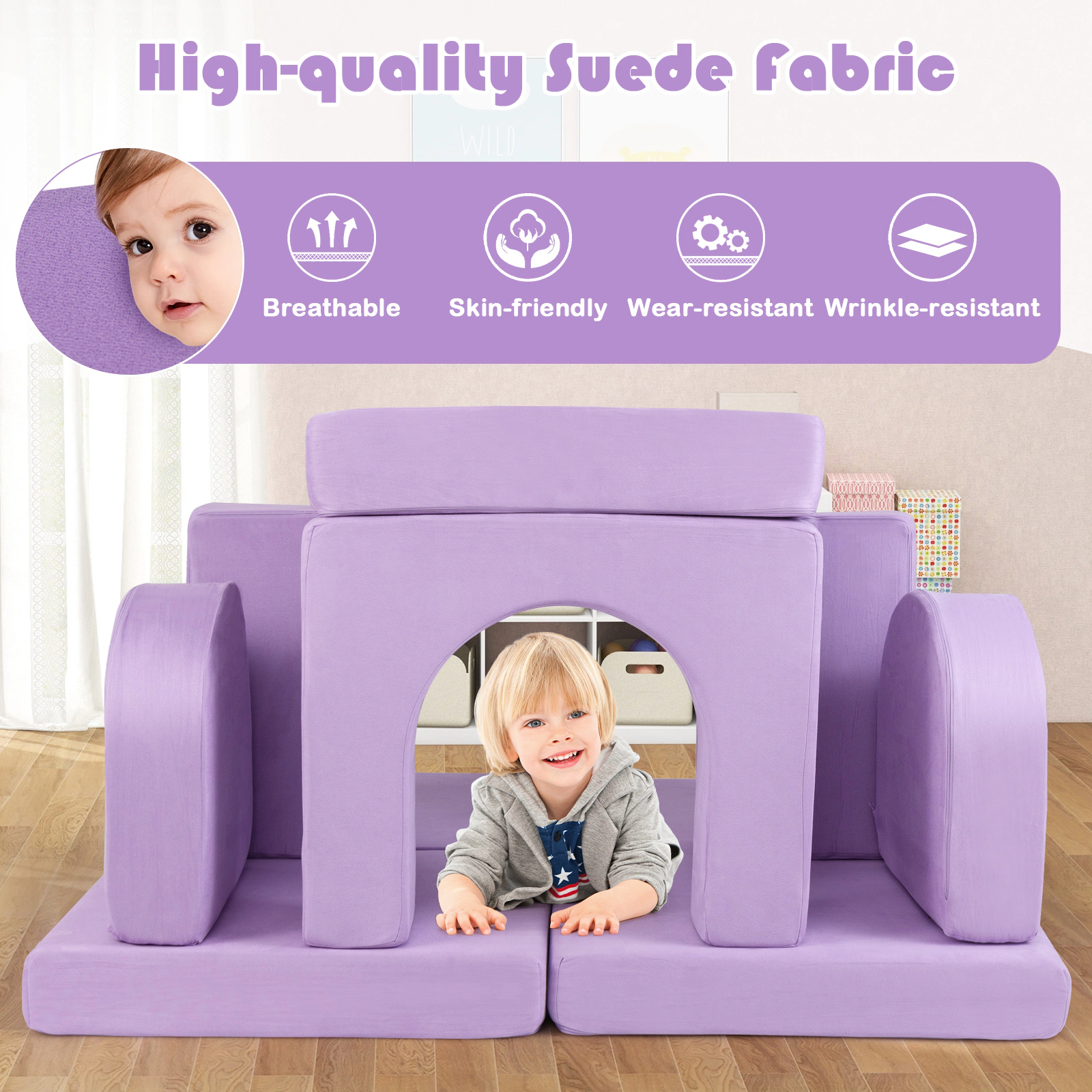 SUGIFT 8-Piece Modular Kids Play Couch Office Chair with Suede Fabric 56-in Wide Purple