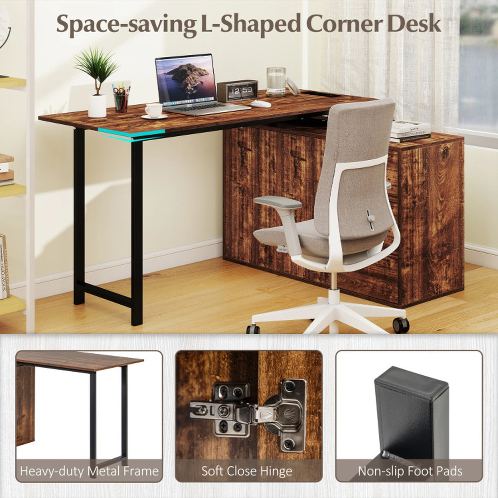 SUGIFT 220-lb Capacity Rustic Brown Reversible L-Shaped Desk with File Cabinet 3 Drawers and Power Outlet