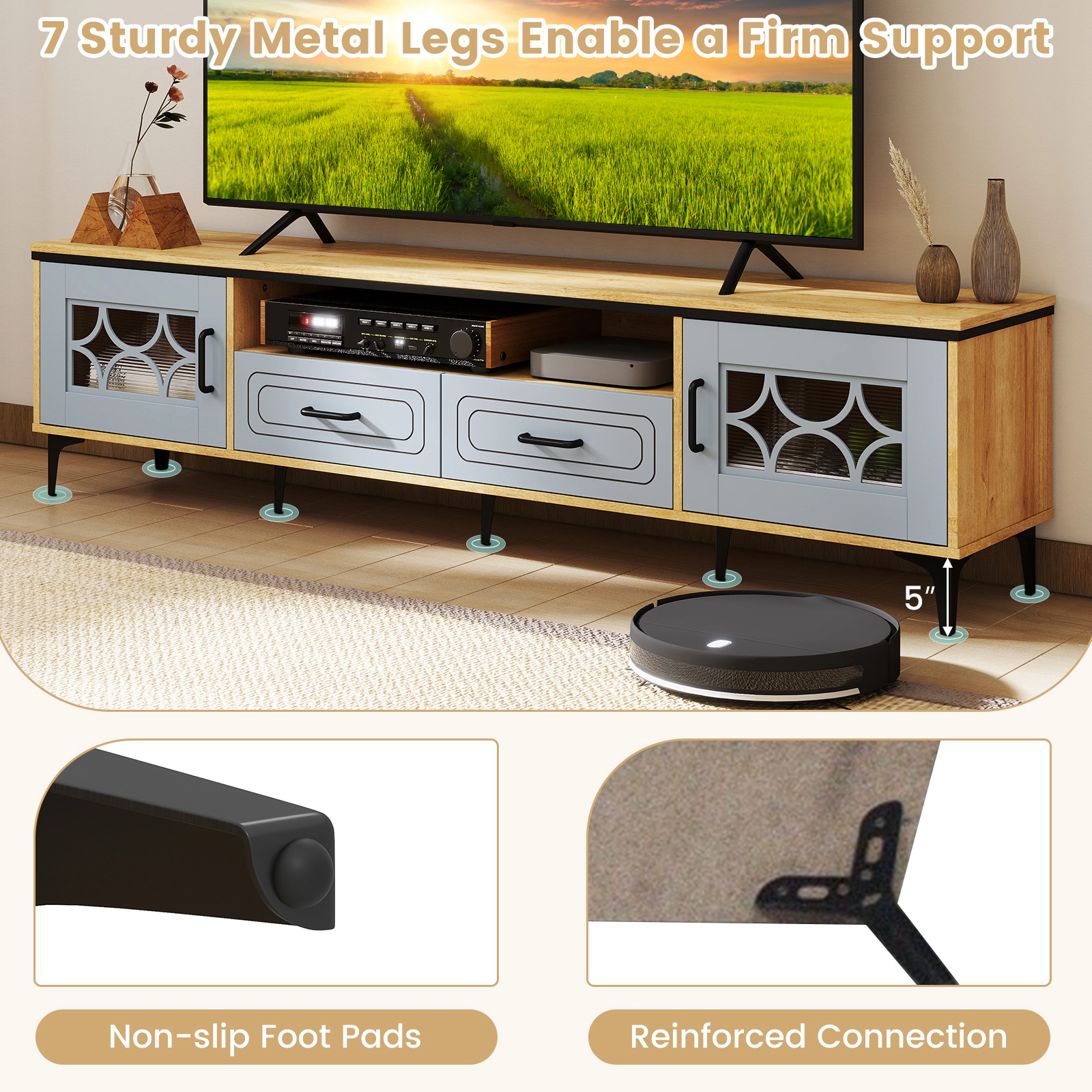 Glintex 71-Inch Farmhouse TV Stand with Transparent Doors and 2 Drawers