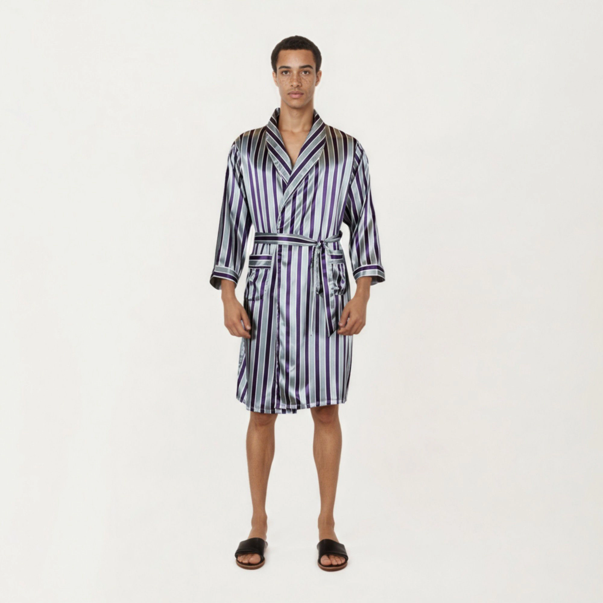 Anna-Kaci Men's Satin Robe with Shawl Collar Waist Tie and Front Pockets