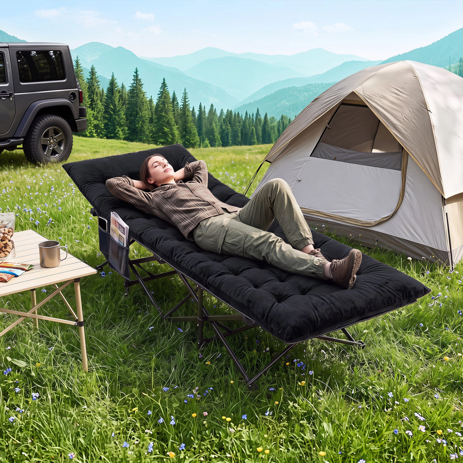 LJG Camping Cot for Adults with Soft Padded Mat and Carrying Bag