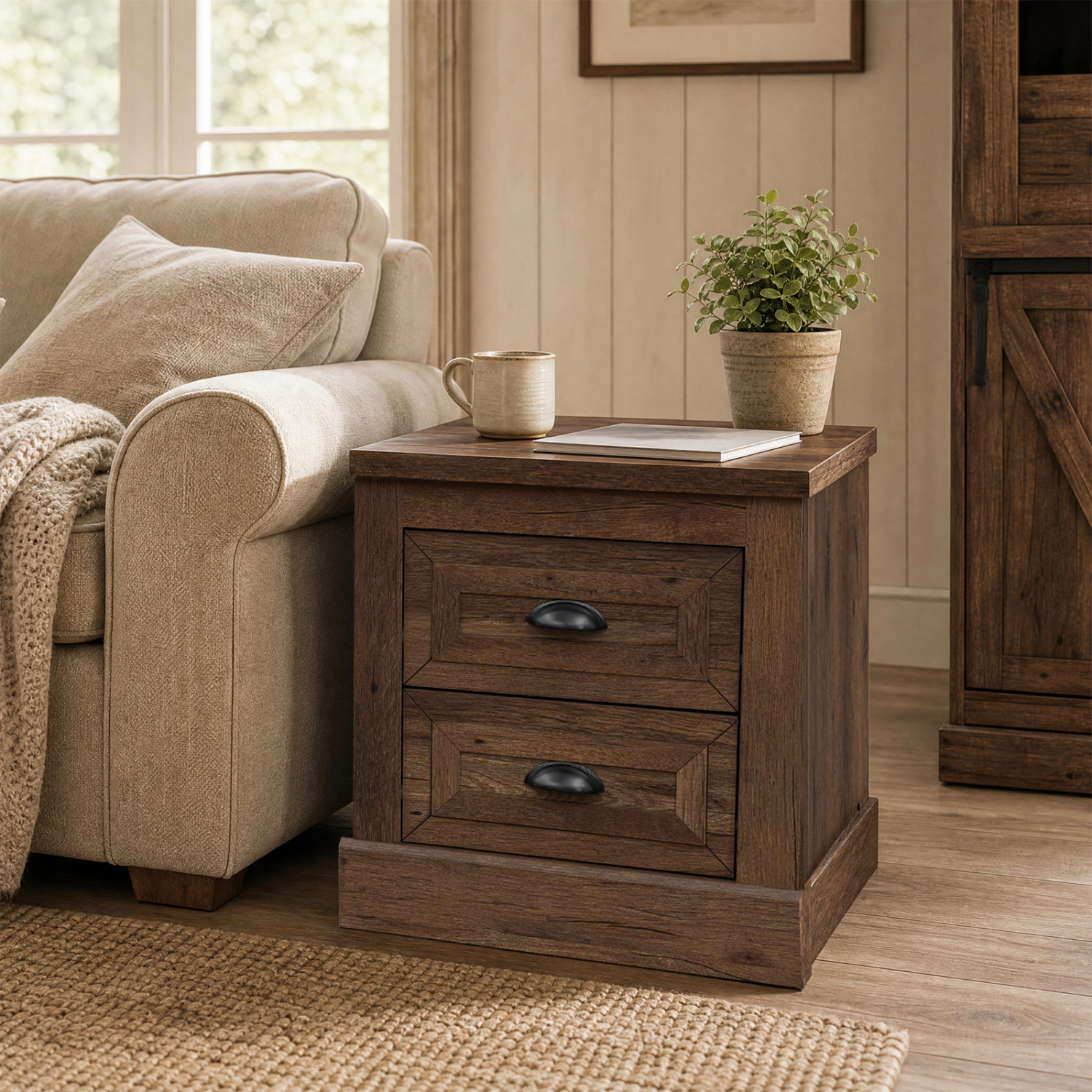LJG Farmhouse Nightstand with 2 Drawers & Storage for Living Room Bedroom