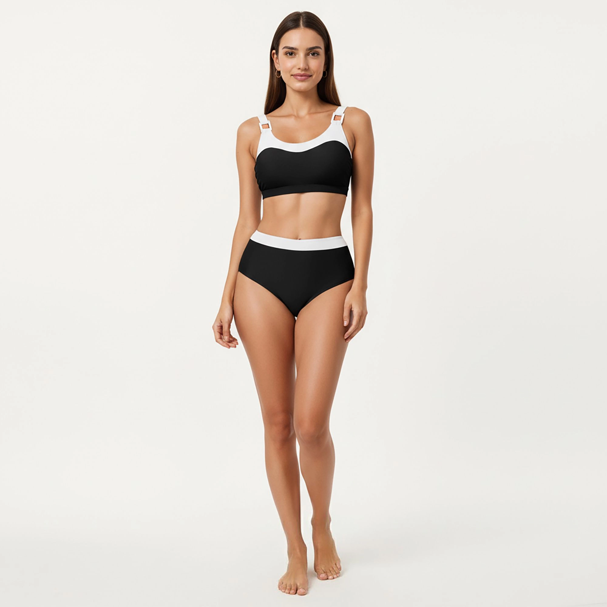 Anna-Kaci Women Color Block 2-Piece Bikini Set - Scoop Neck Top, High-Waist Tummy Control Bottoms