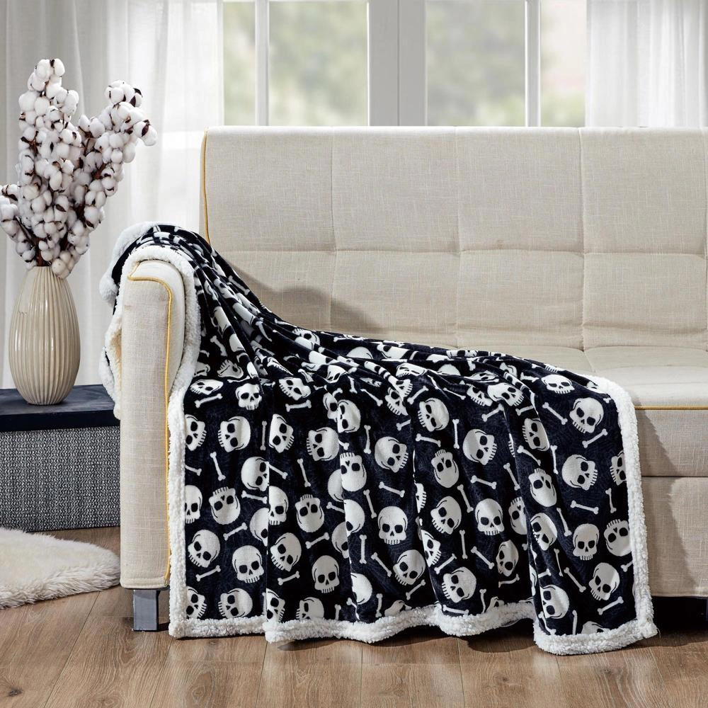 Skull & Bones Faux Shearling Micro Plush Throw Blanket 50" x 60" Black & White by Plazatex
