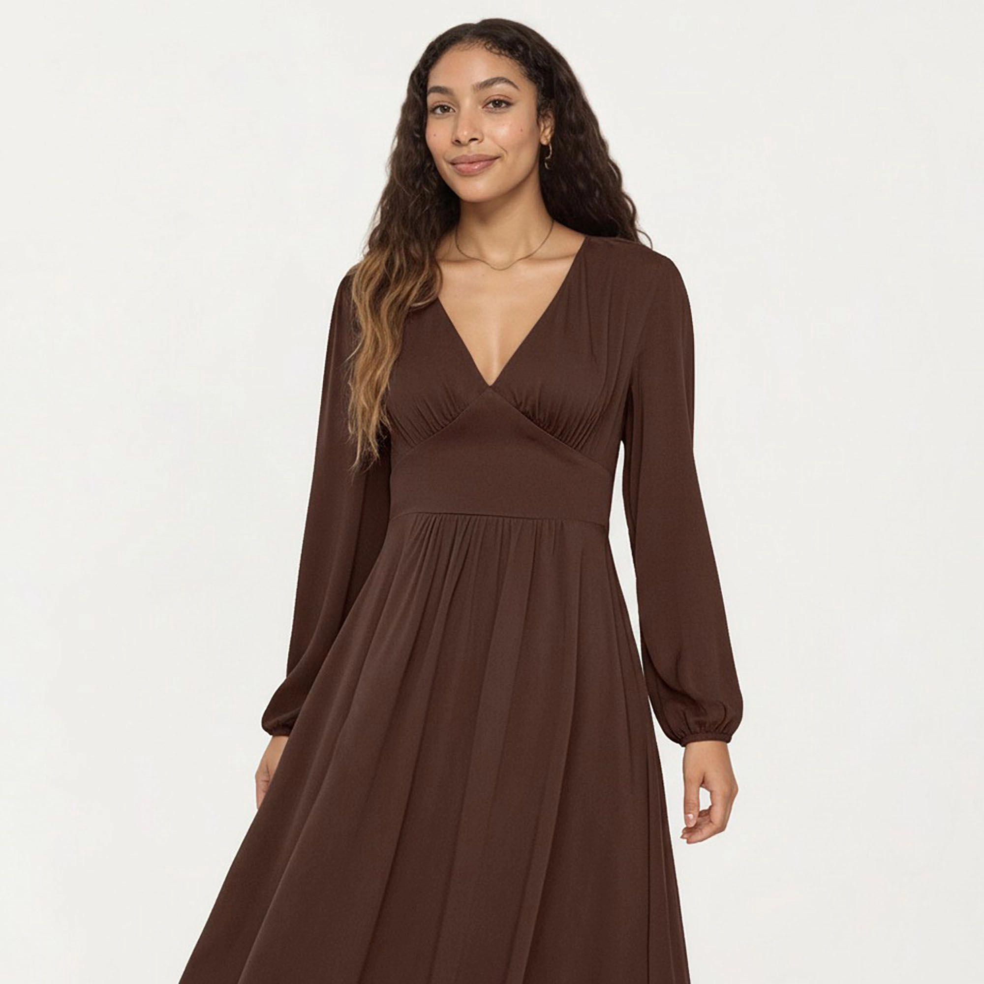 Anna-Kaci Women's Long Sleeve Brown V Neck Elastic Waist Dress