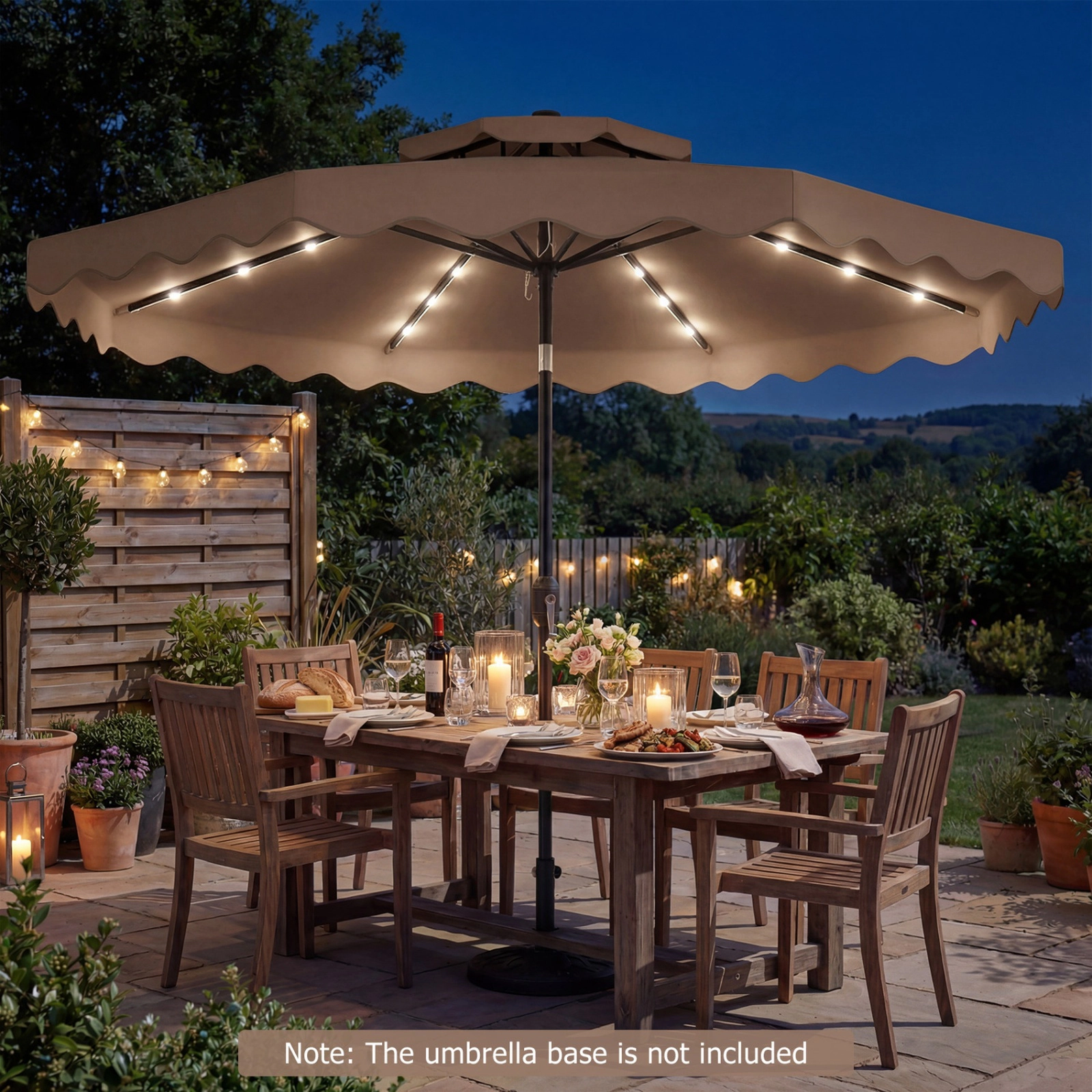 SUGIFT 9.5-ft Brown Solar Patio Umbrella with 24 LED Lights 8 Ribs Vented Crown and 2-Section Pole