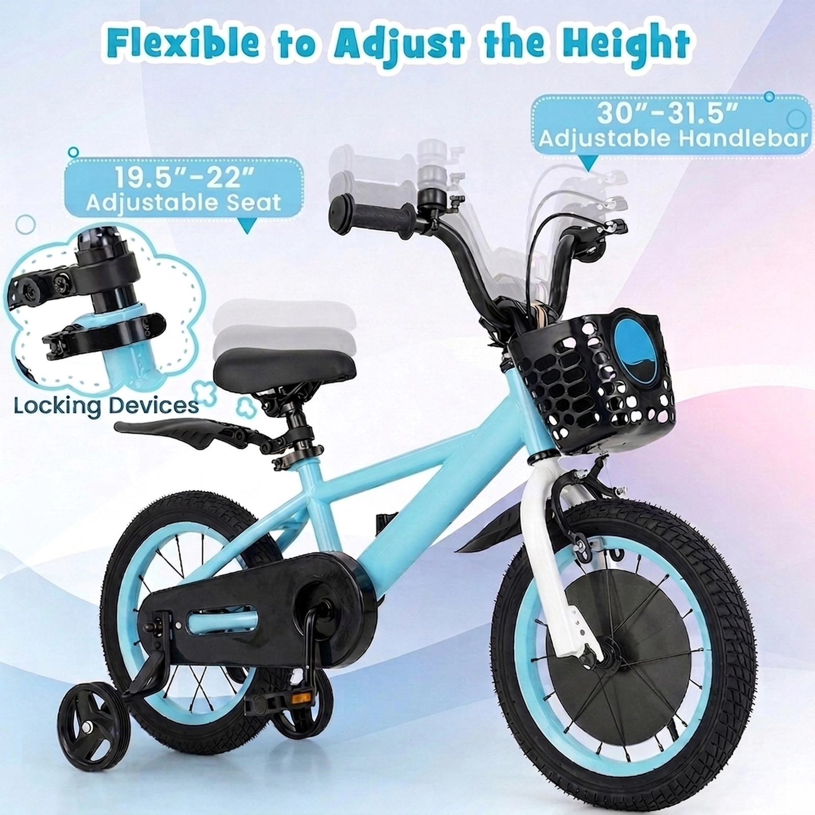 14-in Kids Bike Adjustable 30-in to 31.5-in Handlebar 19.5-in to 22-in Saddle Front Basket Fenders Ages 3-5 Blue