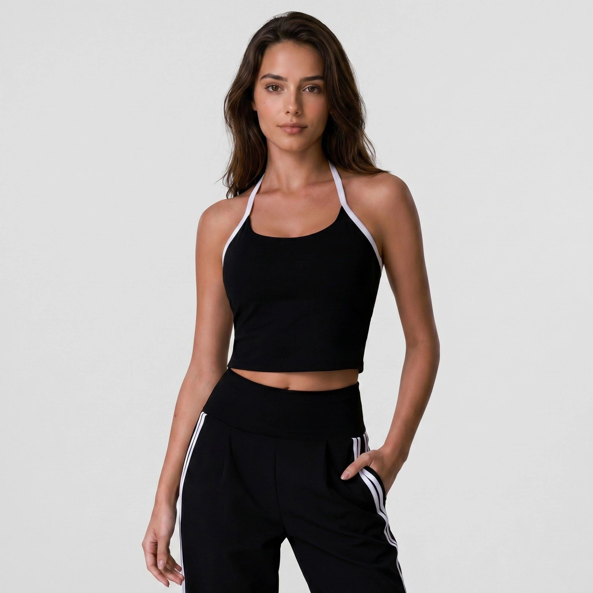 Anna-Kaci Women's Padded Halter Sports Bra Tank Top Contrast Trim Workout Yoga Crop