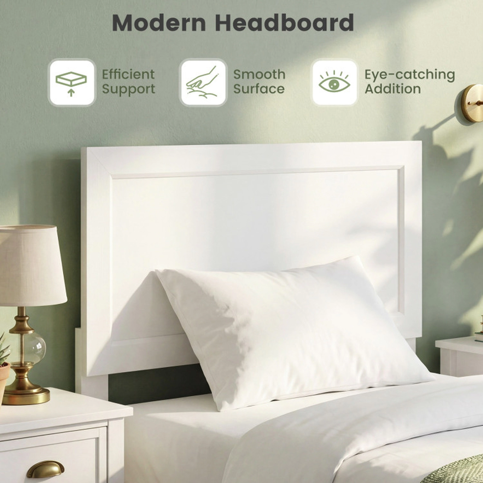 SUGIFT White Mid-Century Headboard for Small Rooms Twin Size Wooden Platform Bed Frame