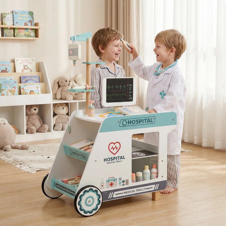 Hivvago Wooden Doctor Playset for Kids Pretend Play Kit with Cart Gift Toddlers Boys Girls Aged 3+