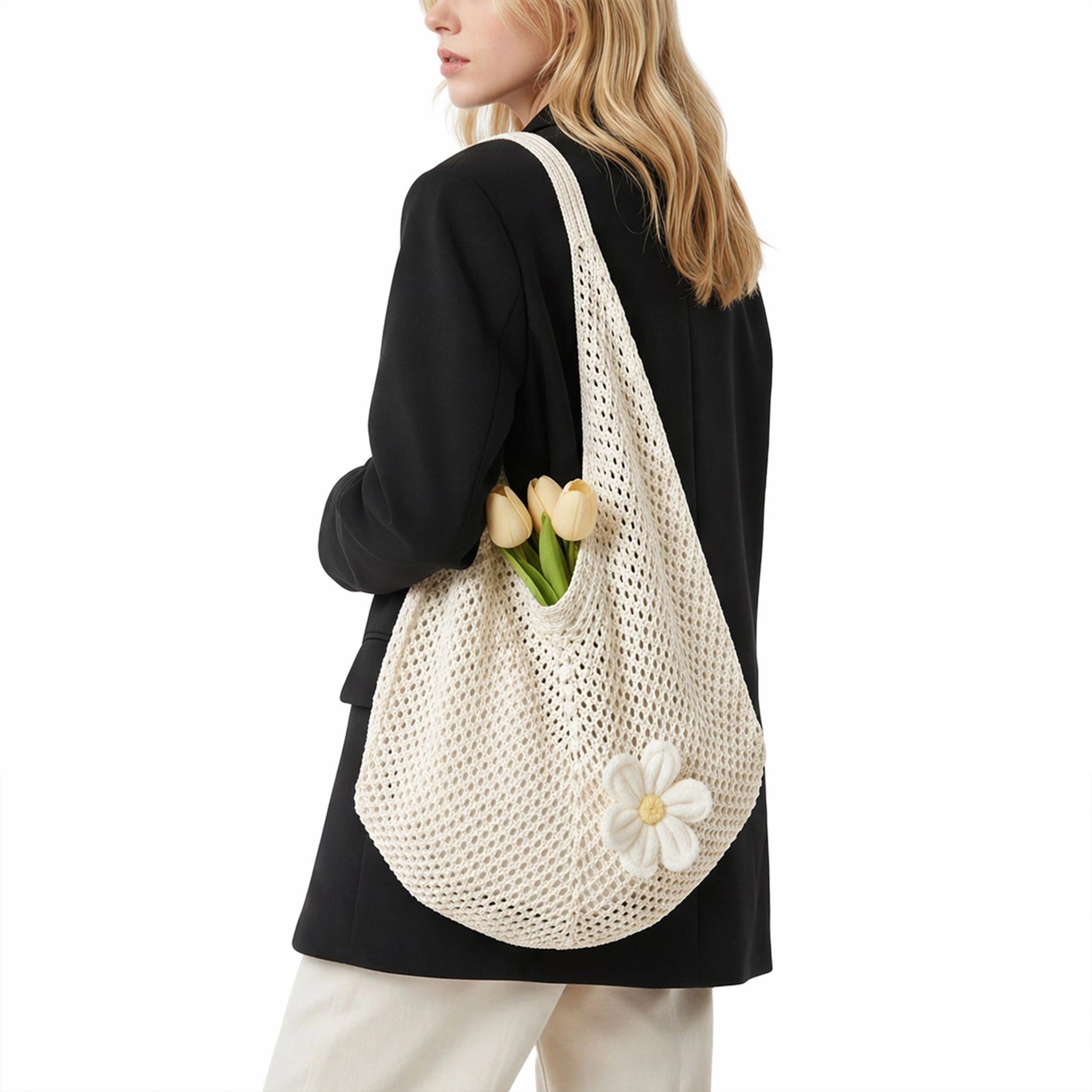 Alilang Women's Woven Crochet Hobo Shoulder Bag Lightweight Knit Slouchy Tote with Flower Detail, Beige