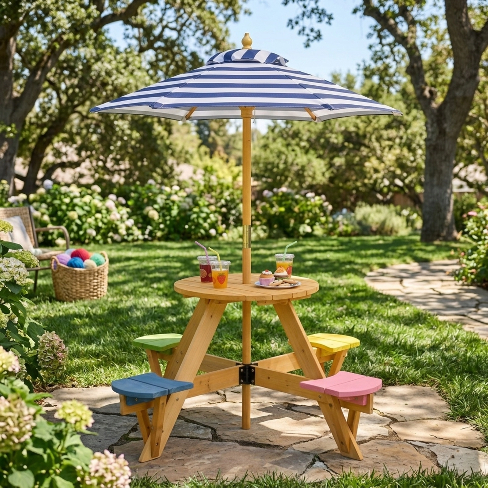 SUGIFT Kids Picnic Table Set, Blue Fir Wood Table with 4 Stools and 46.5-Inch Umbrella