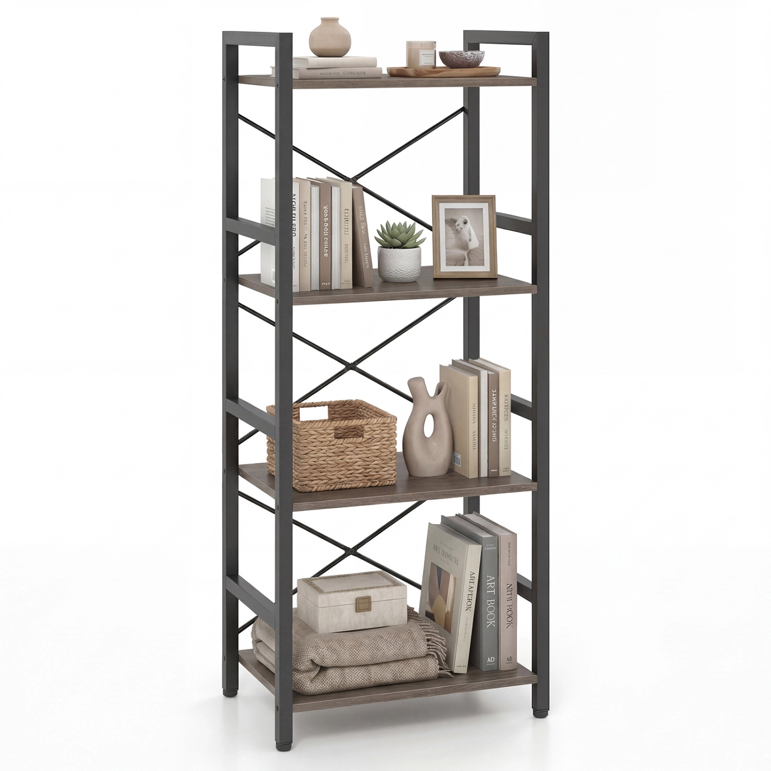 LJG 4-Tier Bookshelf Narrow Freestanding Display Shelf with Metal Frame