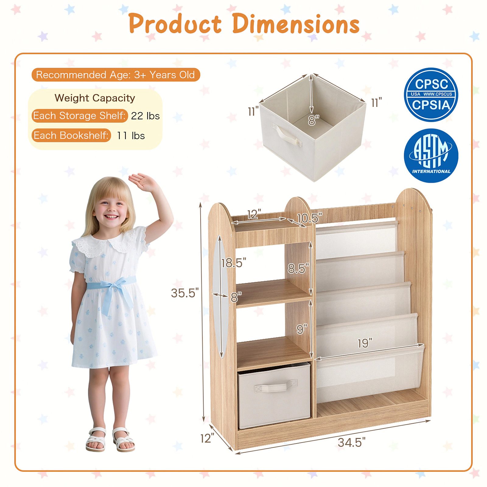 SUGIFT Kids 4-Tier Sling Shelves Mirror Fabric Drawer Toy Storage Organizer 34.5-in x 12-in x 35.5-in Ages 3+ Natural