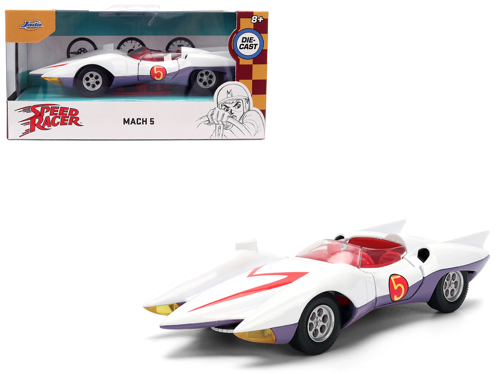 Jada Mach 5 White with Red Stripes and Interior "Speed Racer" (1967) TV Series "Anime Hollywood Rides" Series