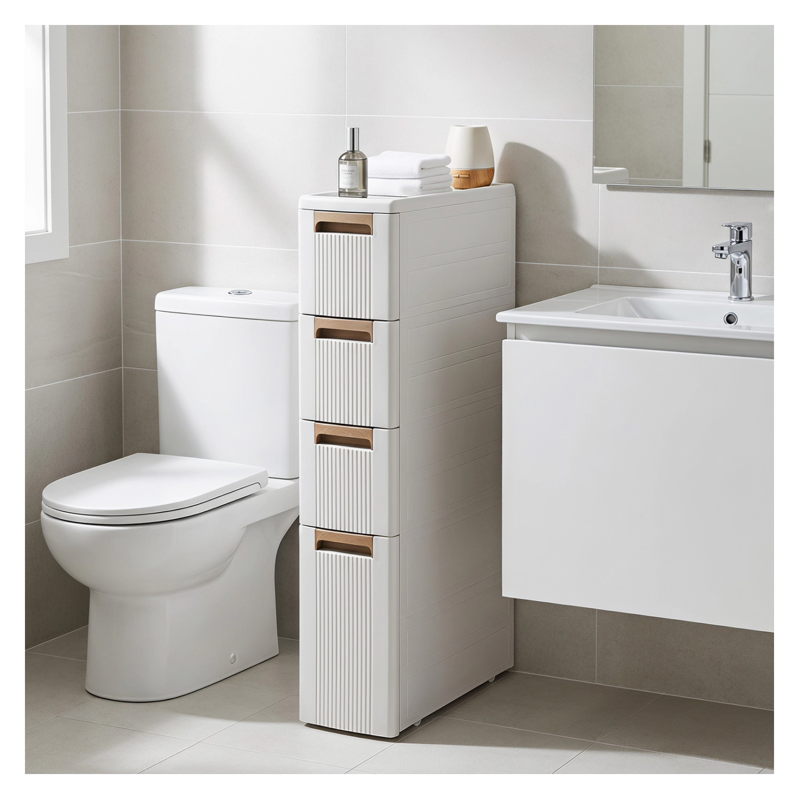Glintex 4-Drawer Narrow Rolling Cart with Deep Bottom Drawer and Anti-Tip Kit, Beige