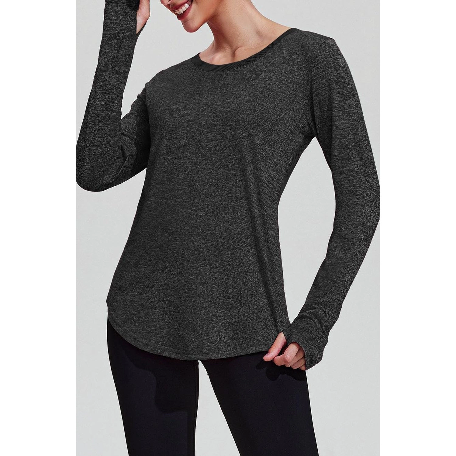 Pinspark Womens Long Sleeve T-Shirts Solid Gray Mesh Back Tee Round Neck Casual Tops
