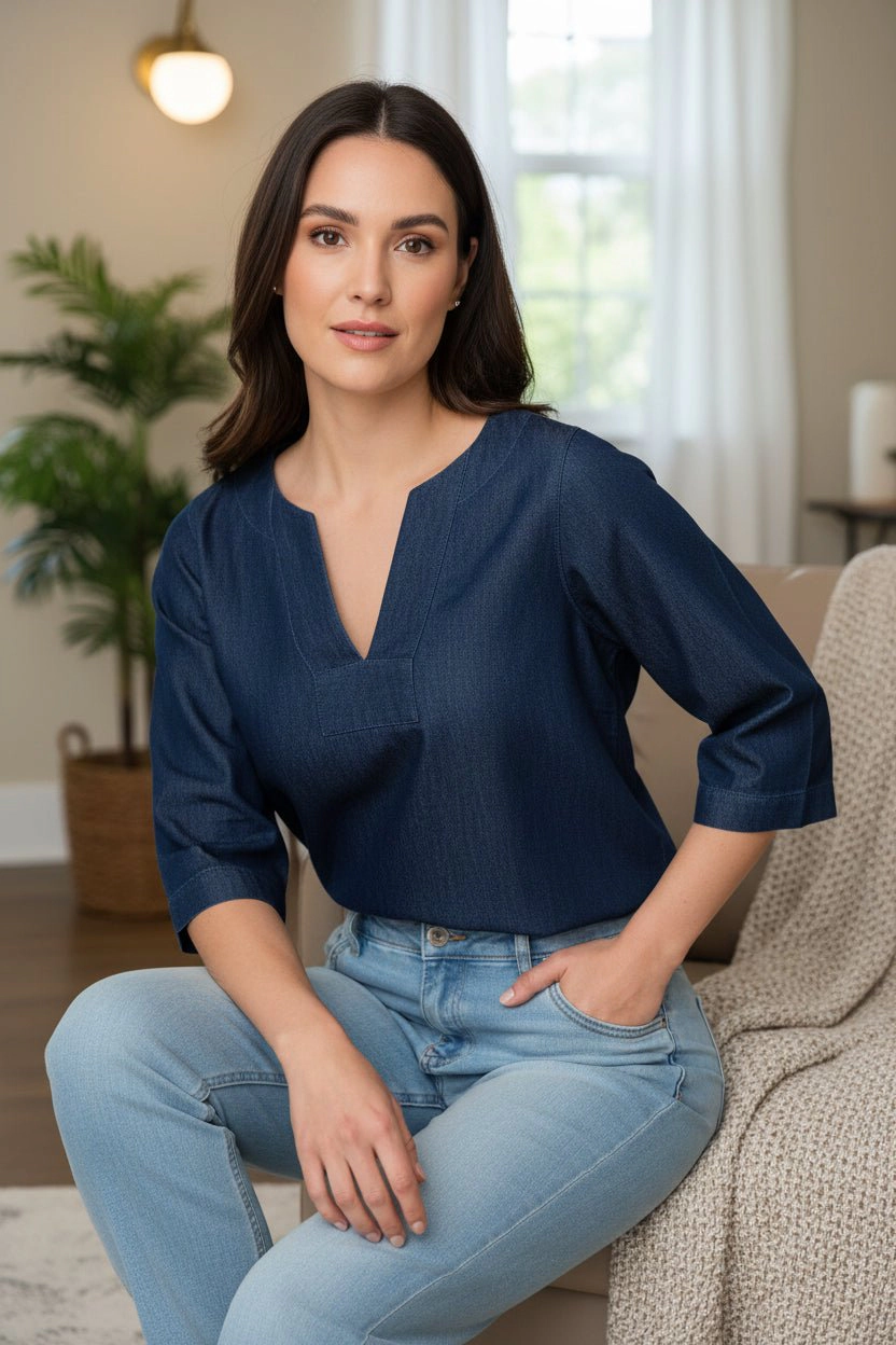 DressAtR Women's Navy Blue Denim V Neck Three Fourth Sleeve Blouse