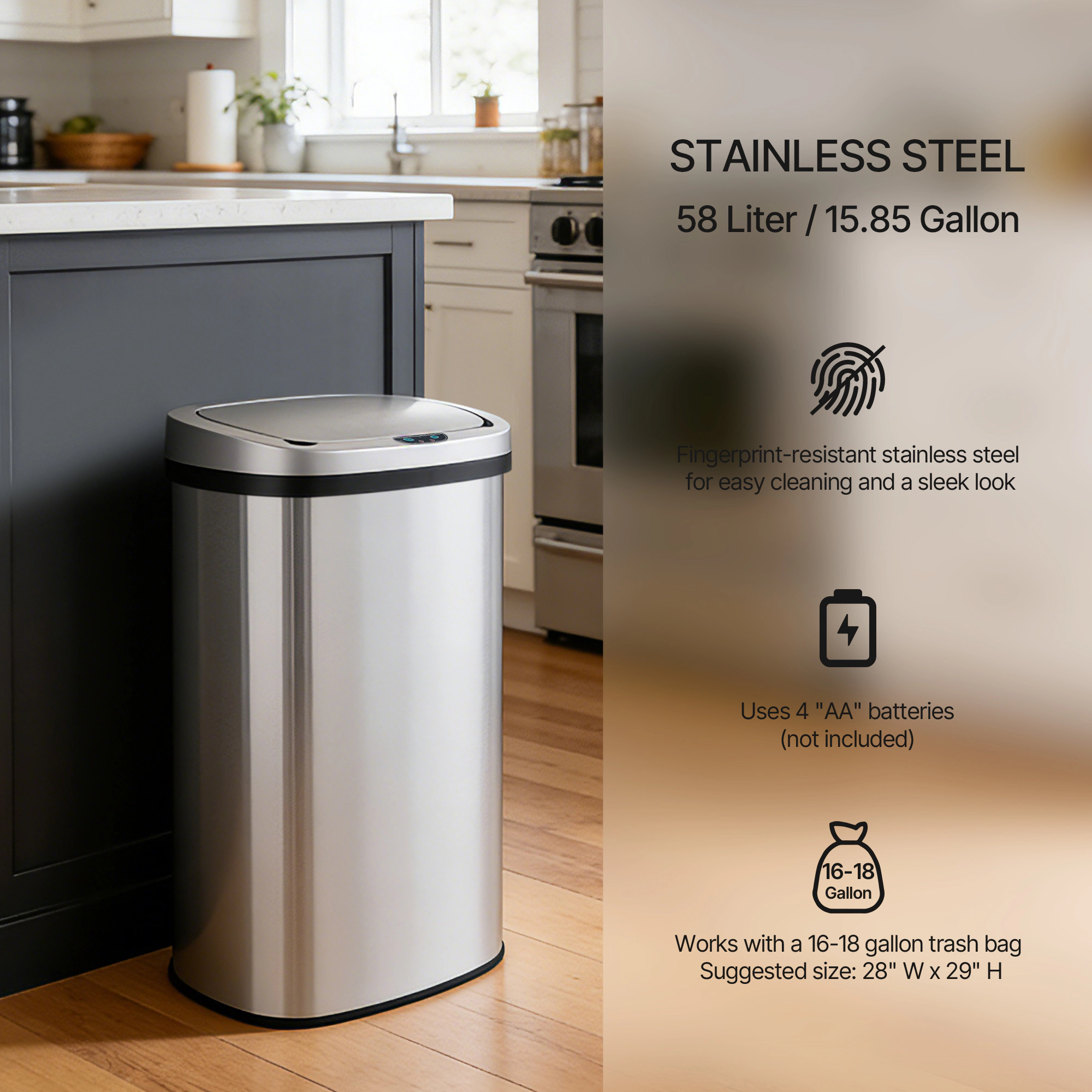 Innovaze 15 Gal./60 Liter Stainless Steel Oval Motion Sensor Trash Can for Kitchen