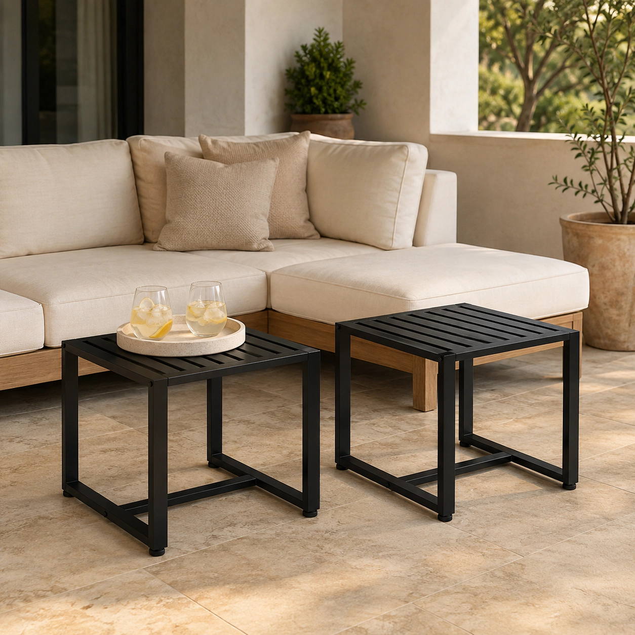 SUGIFT Set of 2 Black Metal End Tables with Slatted Tabletop, 242-lb Capacity Each