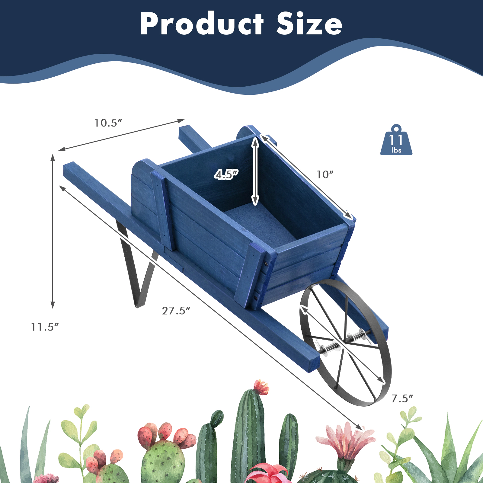 SUGIFT Blue Wooden Wagon Planter with 9 Magnetic Accessories Decorative Wheelbarrow for Garden Yard