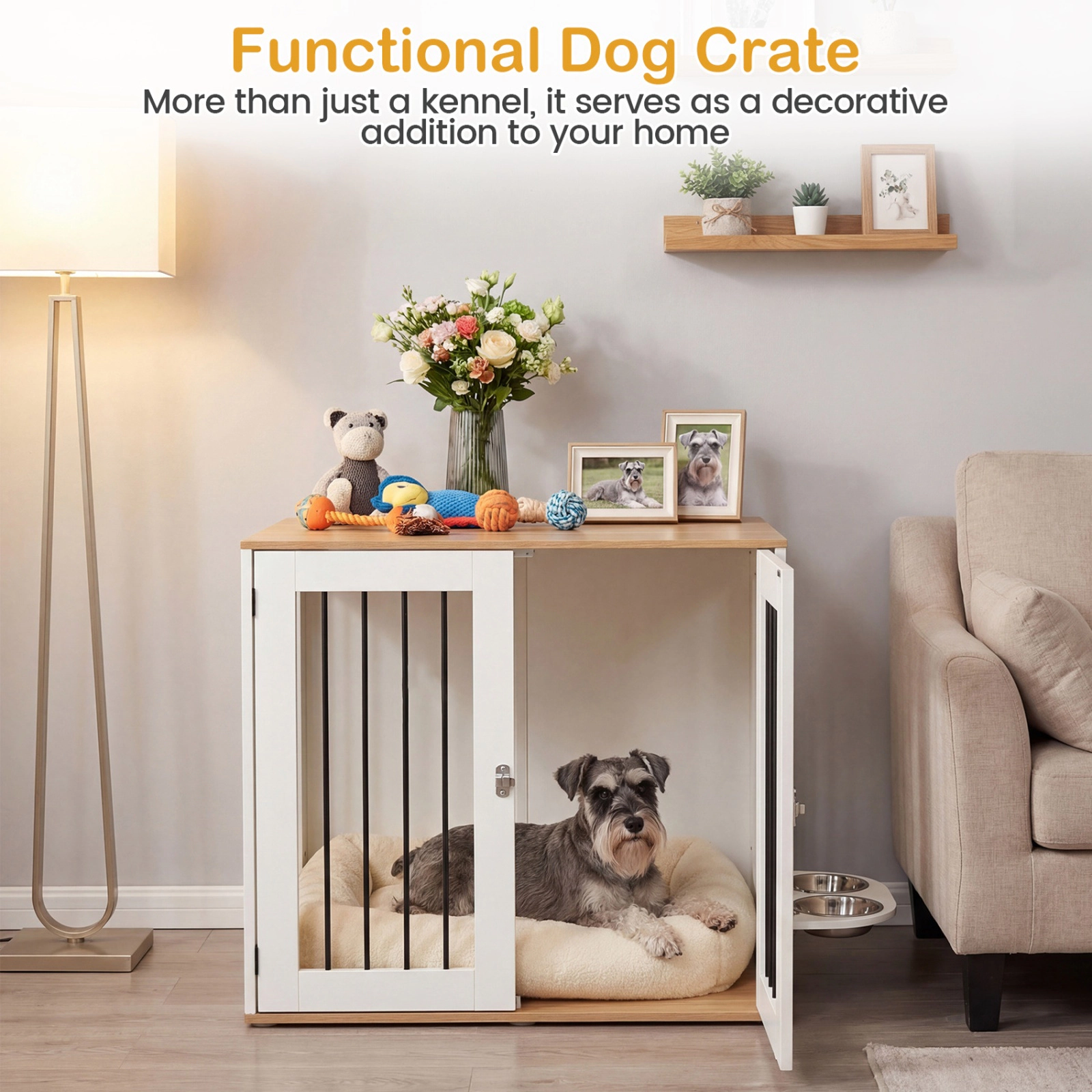 SUGIFT 31.5 in Dog Crate Furniture White Wooden Kennel with Double Lock Doors and Rotating Feeder