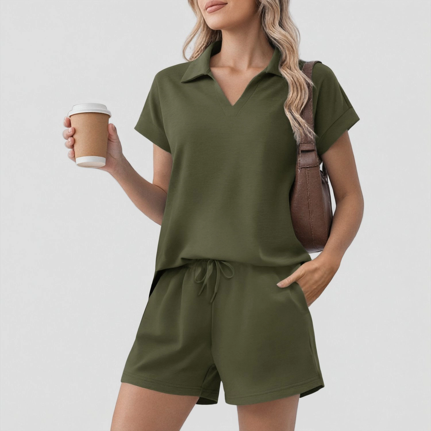 Pinspark Womens Solid Collared V Neck Short Sleeve Tops Drawstring Shorts Lounge Set