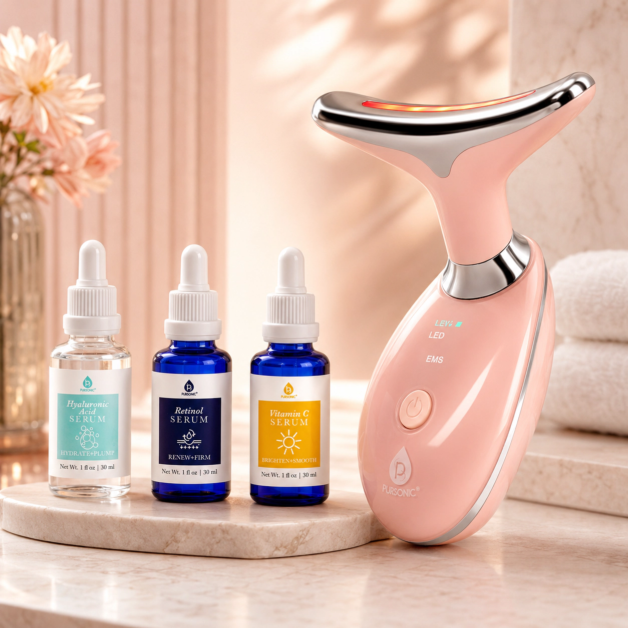 Pursonic Unisex 7-in-1 LED Beauty Device & Anti-Aging Serum Set Skincare Bundle