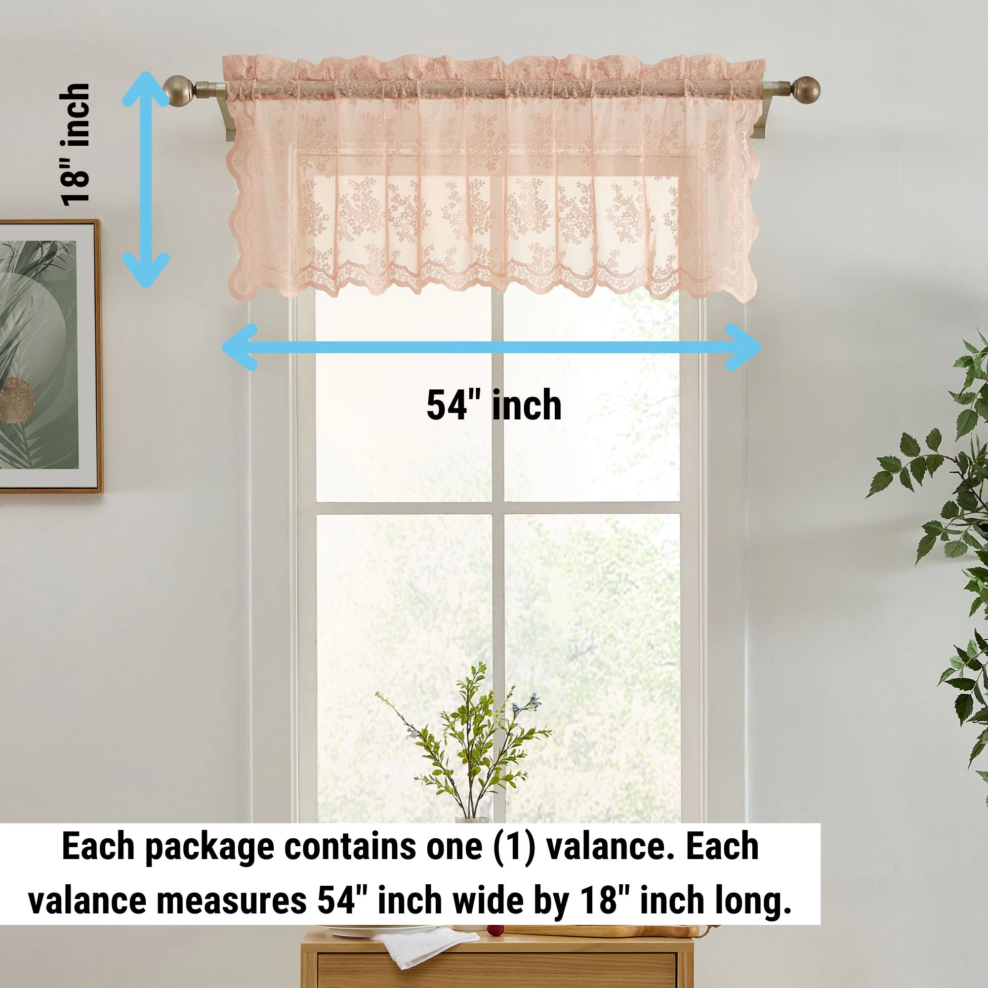 HLC.ME Jolene Floral Rod Pocket Lace Semi Sheer Voile Short Valance for Kitchen & Bathroom - 54 x 18 Inch Long