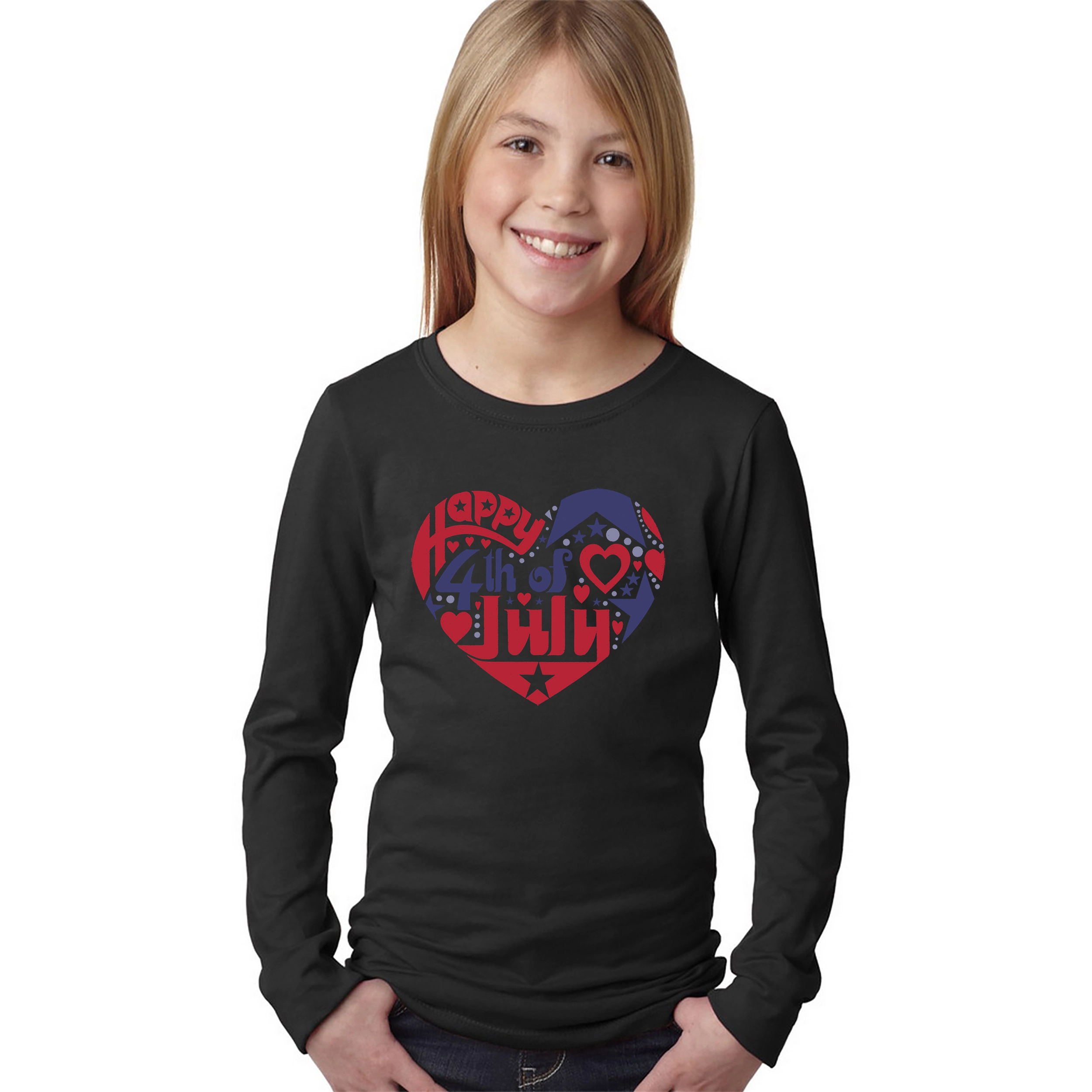 LA Pop Art Girls Long Sleeve Word T-Shirt - July 4th Heart