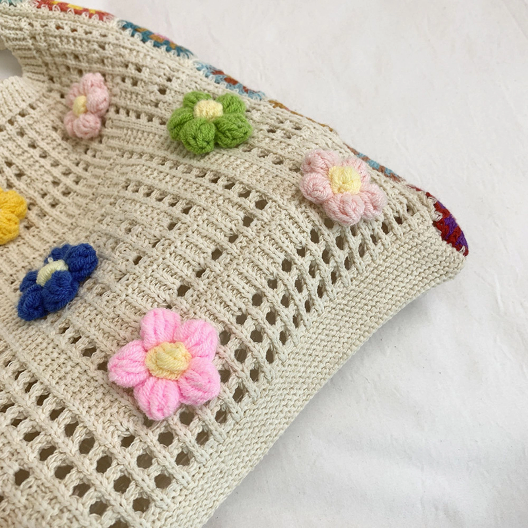Alilang Women's Crochet Shoulder Bag with Flower Applique and Wide Strap, Beige