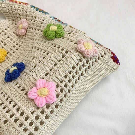 Alilang Women's Crochet Shoulder Bag with Flower Applique and Wide Strap, Beige