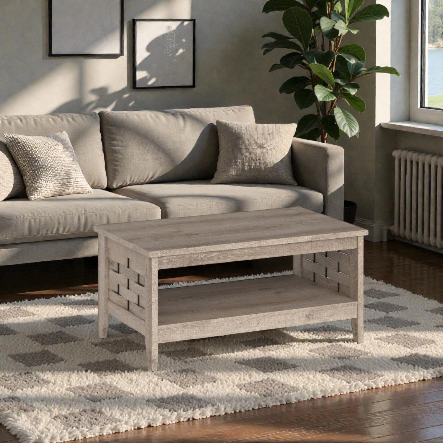 Hivvago Vintage-Inspired 2-Tier Coffee Table with Functional Shelf and Woven Accents