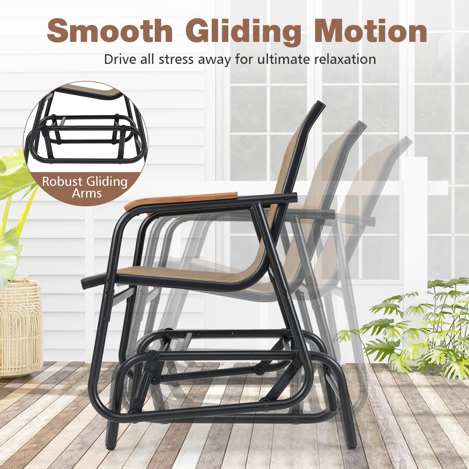 SlickBlue 3-Piece Patio Glider Chairs with Teak Armrests and Glass Table