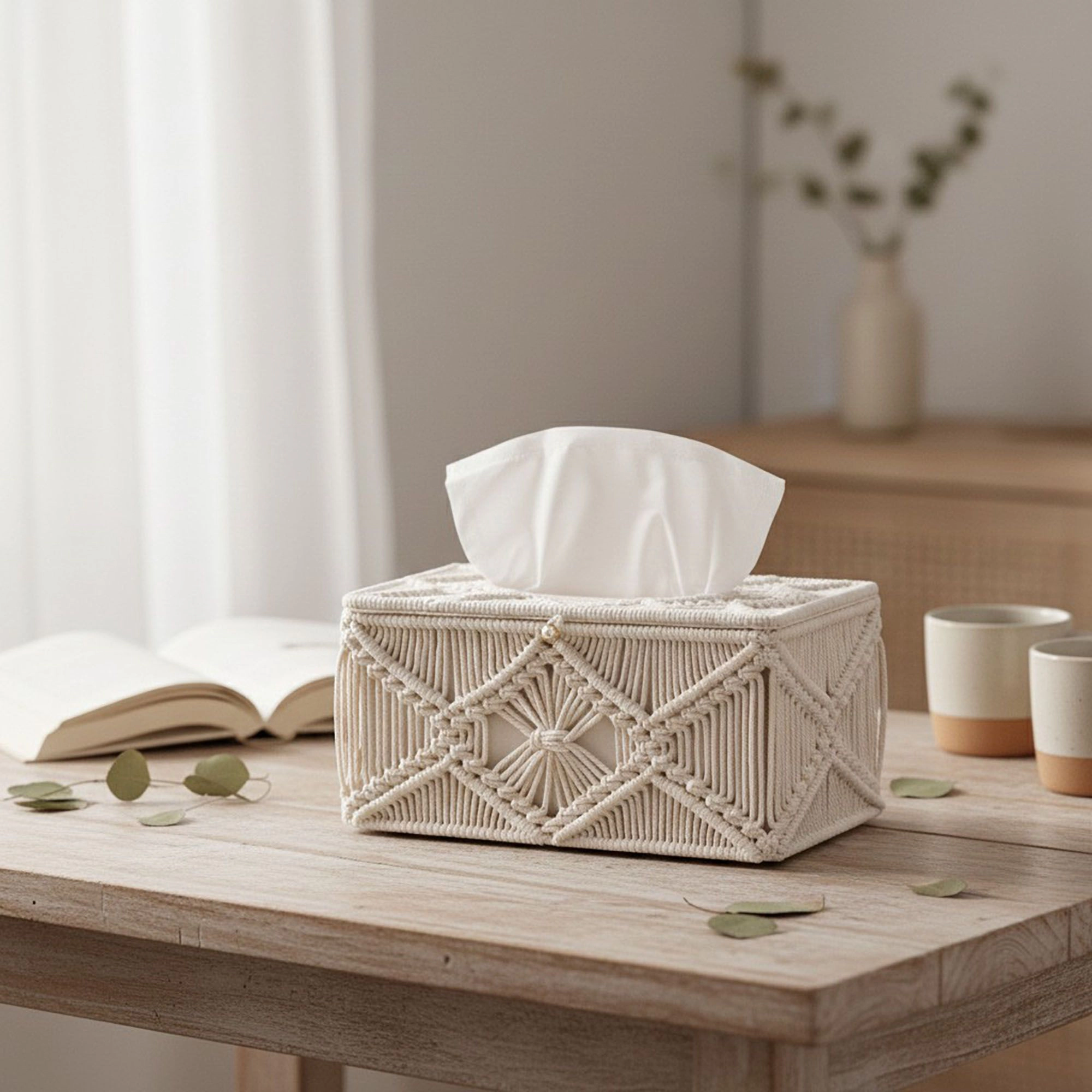 Alilang Unisex Handwoven Macrame Tissue Box Cover with Textured Geometric Design