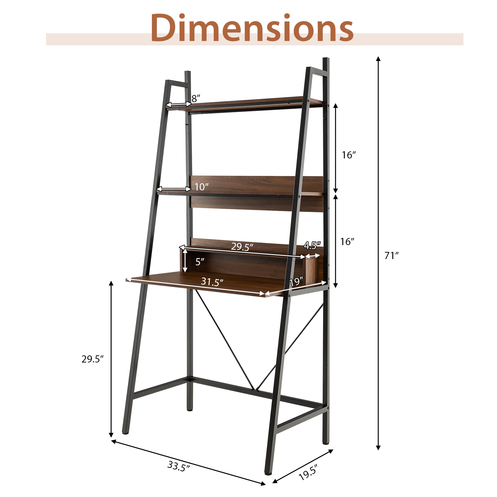 SUGIFT 71-in High Freestanding Laptop Desk with Open Shelves 34 x 20 x 71-in Frame 180-lb Capacity Rustic Brown + Black
