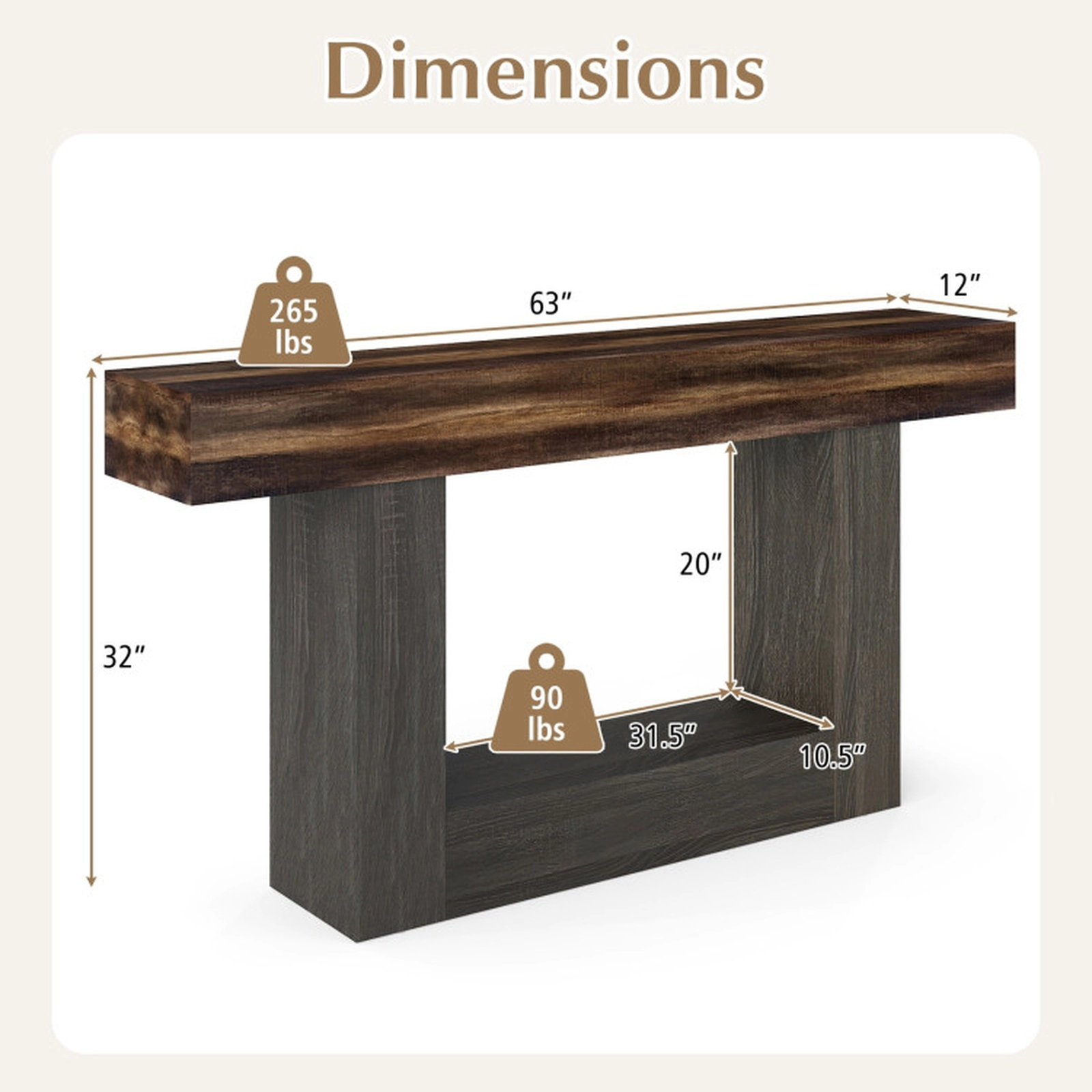 SUGIFT 2-Tier Farmhouse Console Table 63-in Long with Storage Shelf 265-lb Tabletop Capacity Rustic Brown + Black
