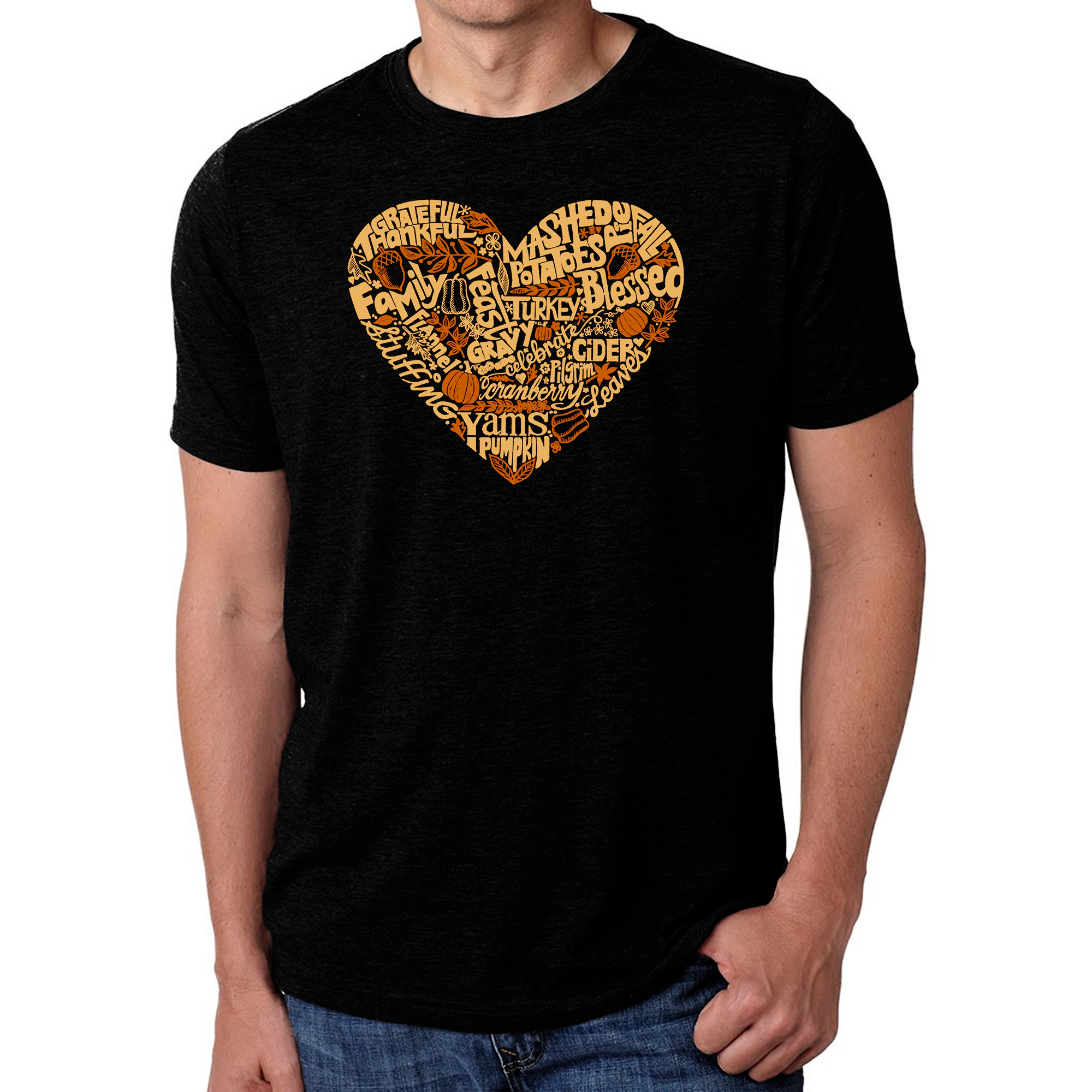 LA Pop Art Men's Cotton-Poly Blend Thanksgiving Word T-Shirt - Heart Design
