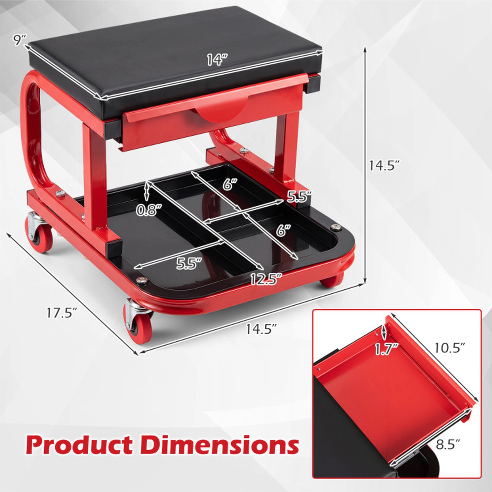 SUGIFT Mechanic Rolling Stool with Tool Trays and Magnetic Drawer 330-lb Capacity 17.5-in Frame with 14 x 9-in Seat Red