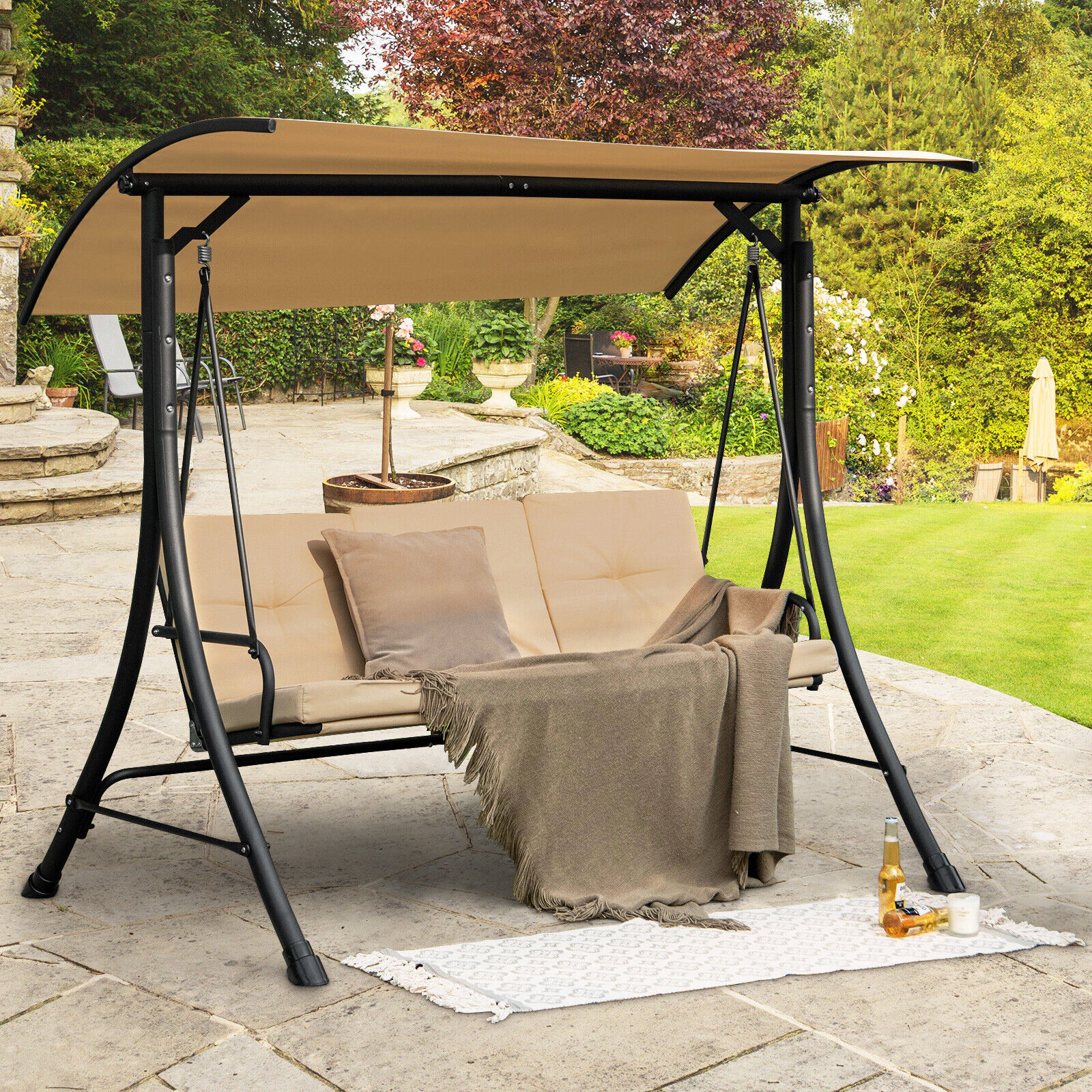 SUGIFT 3-Seat Outdoor Porch Swing with Adjustable Canopy and Padded Cushions 800-lb Capacity Beige/Brown