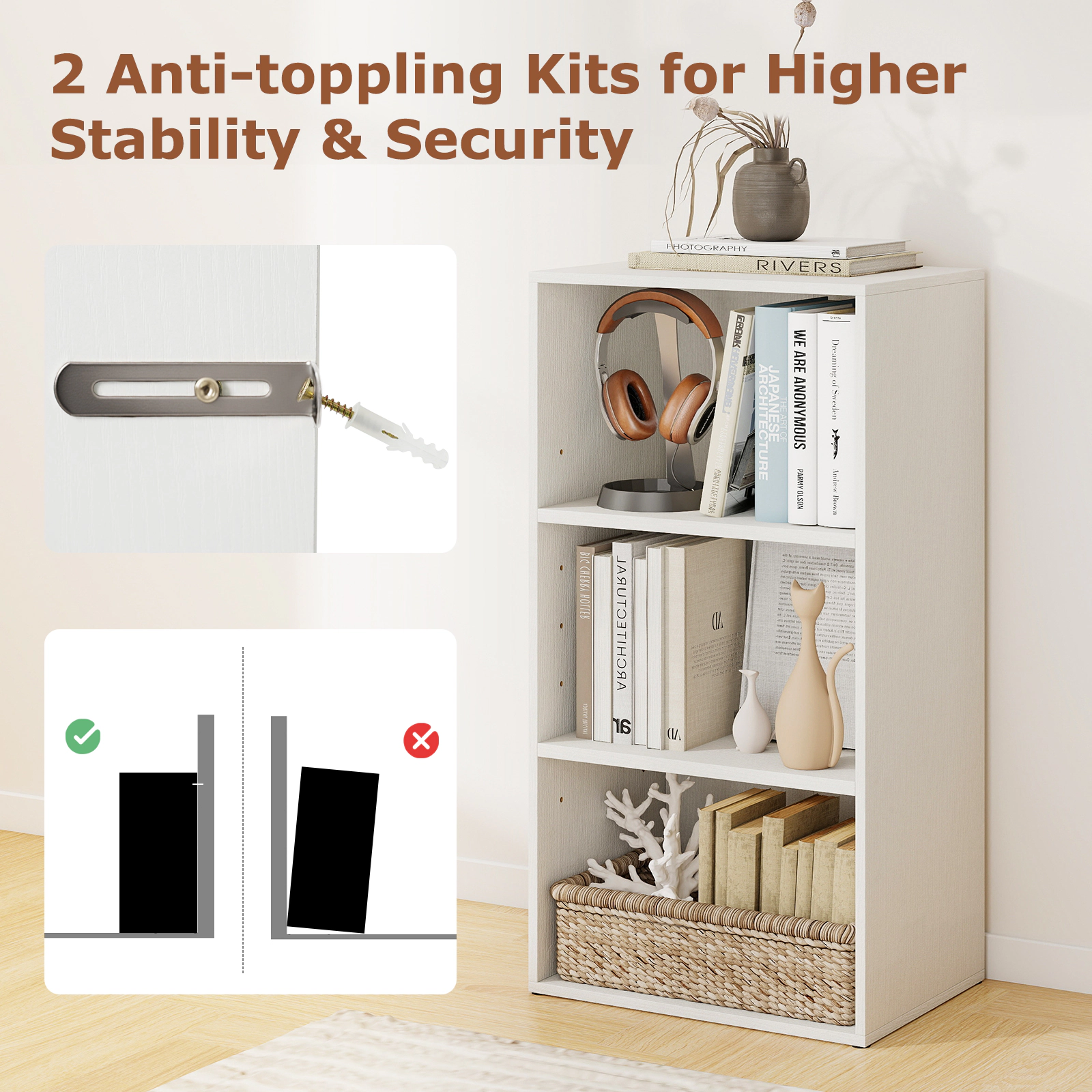 SUGIFT 3-Tier Open Shelf Bookcase Storage Cabinet 55-lb Top Capacity 66-lb Shelf Capacity White