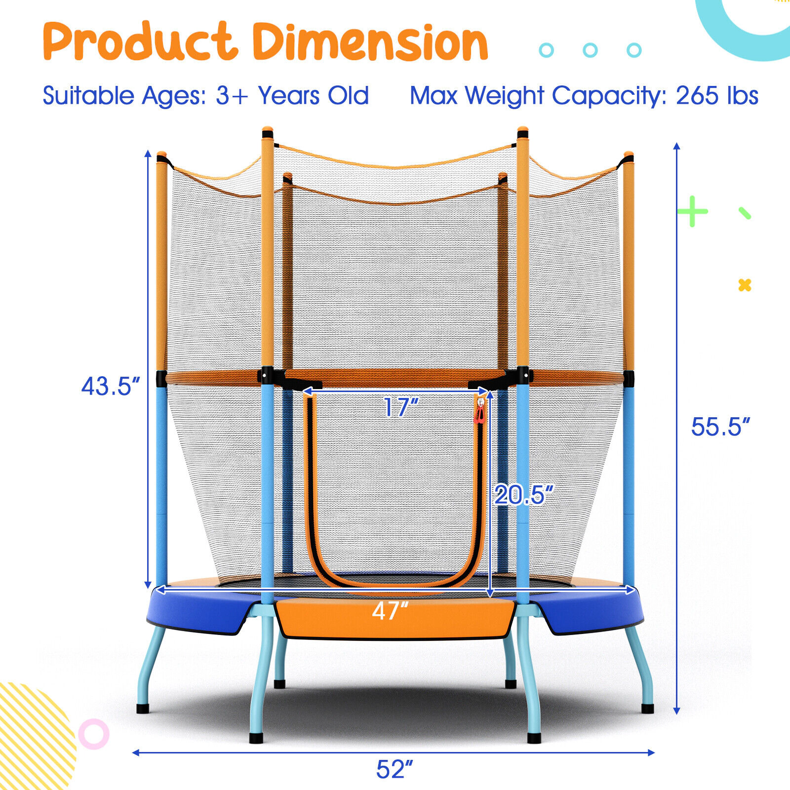 SUGIFT 48-in Toddler Trampoline with Safety Enclosure Net 265-lb Capacity Ages 3-6 Years 52-in Frame Blue and Orange