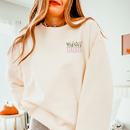 Simply Sage Market - Embroidered Teacher Flowers - Women's Lightweight Garment Dyed Sweatshirt
