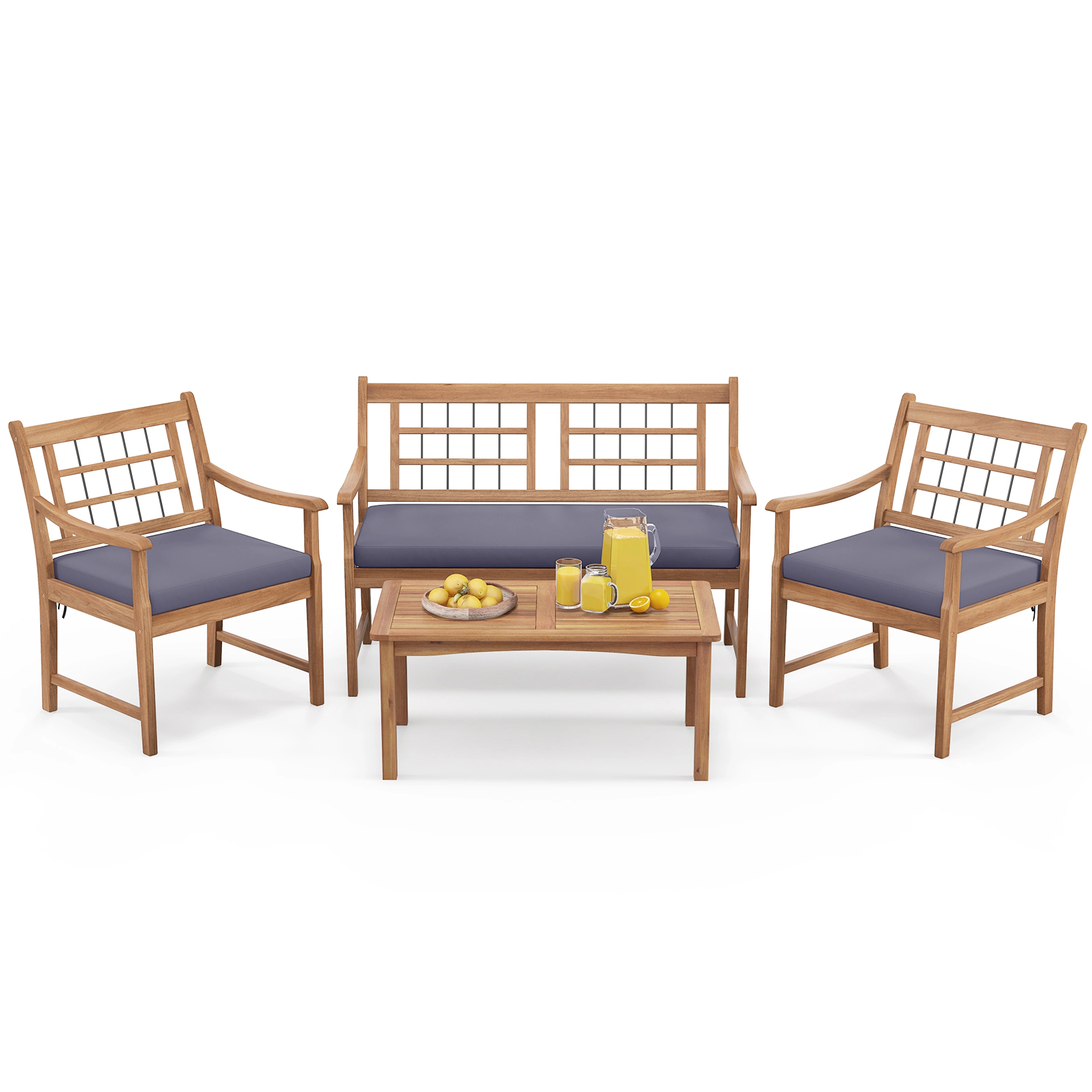 LJG 4 Piece Wood Patio Furniture with Armchairs Loveseat and Coffee Table