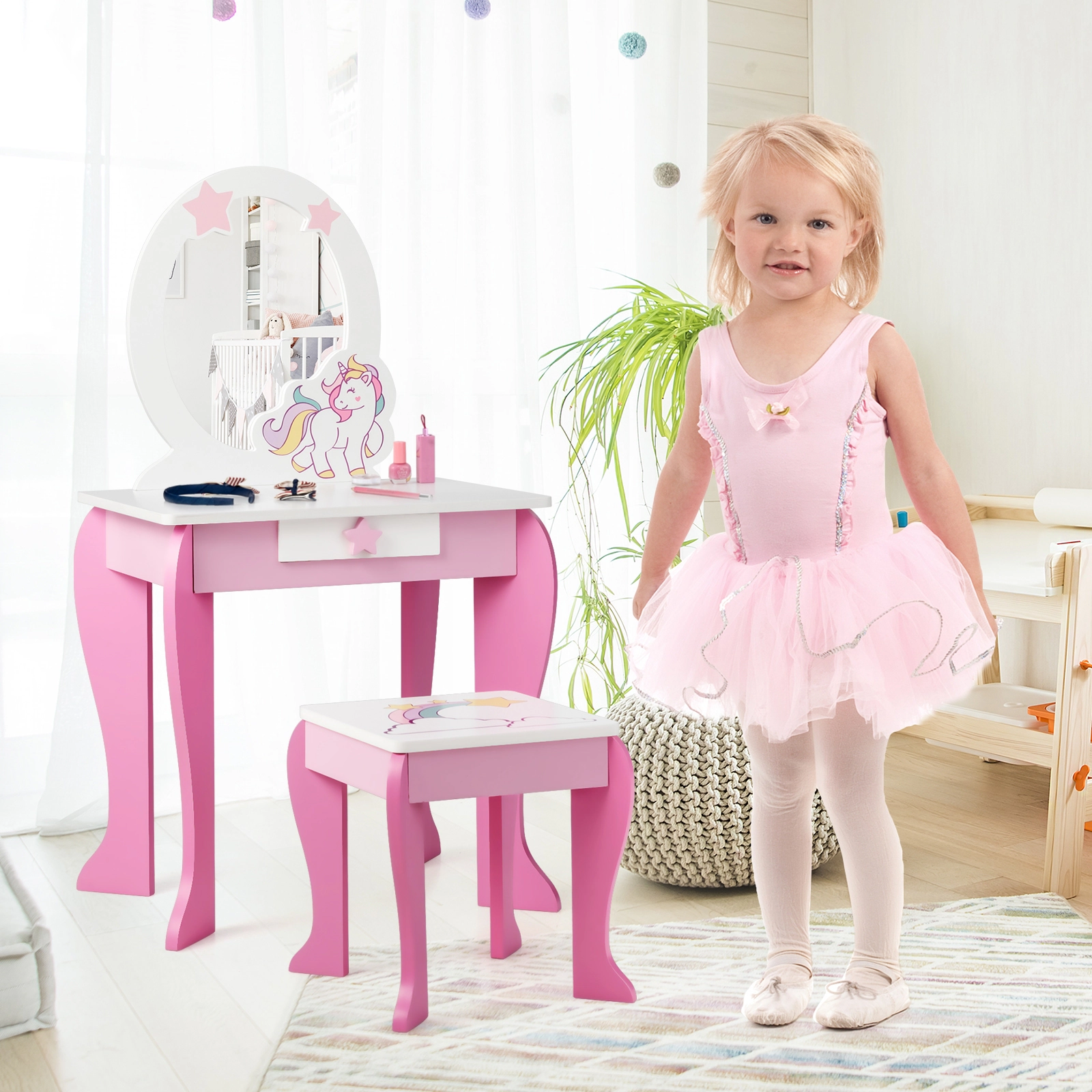 SUGIFT Kids Makeup Vanity Table and Stool Set with Mirror Drawer and Removable Top 35-lb Table 66-lb Stool Capacity Pink