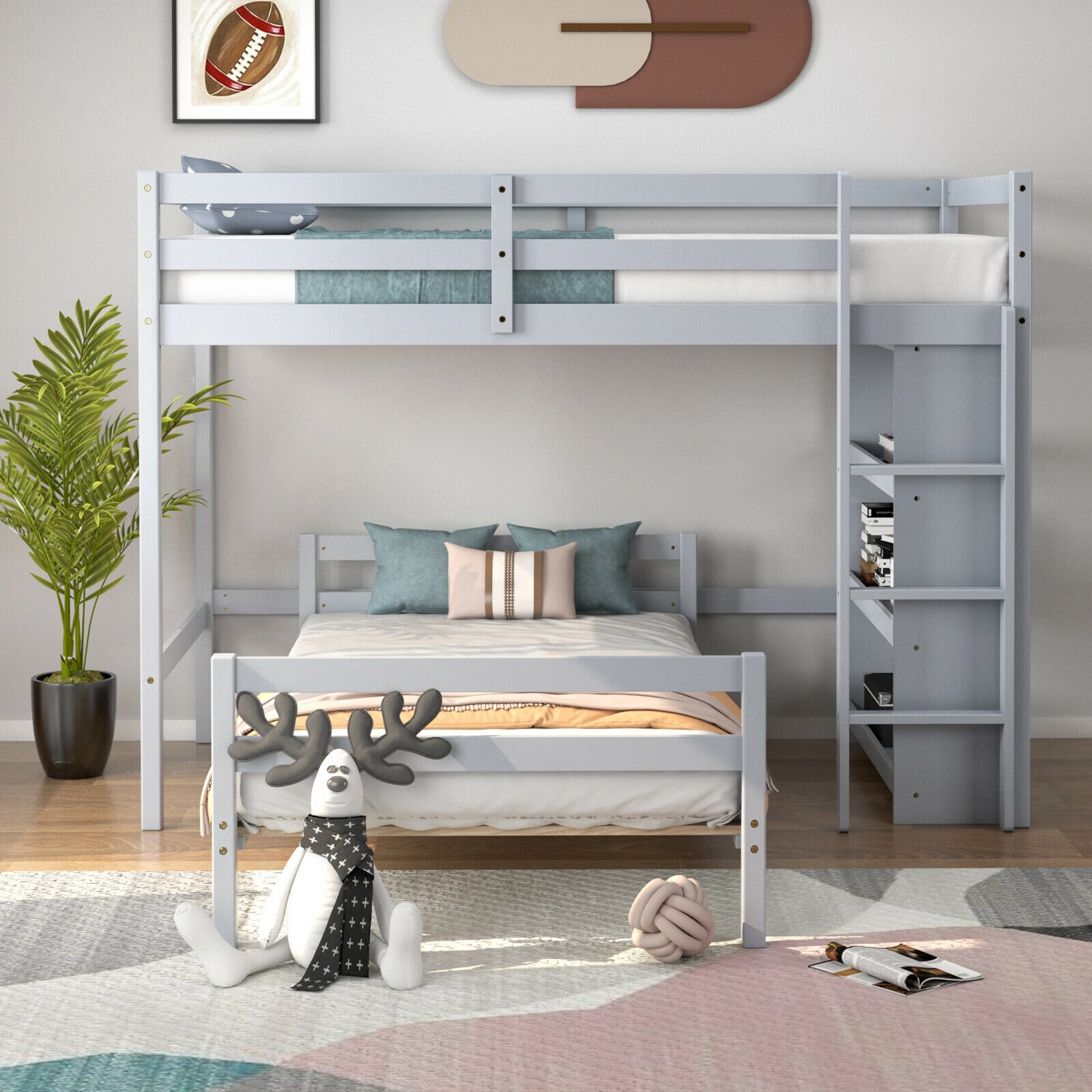 SUGIFT Twin-Over-Twin Loft Bunk Bed with 4-Tier Bookcase, Gray
