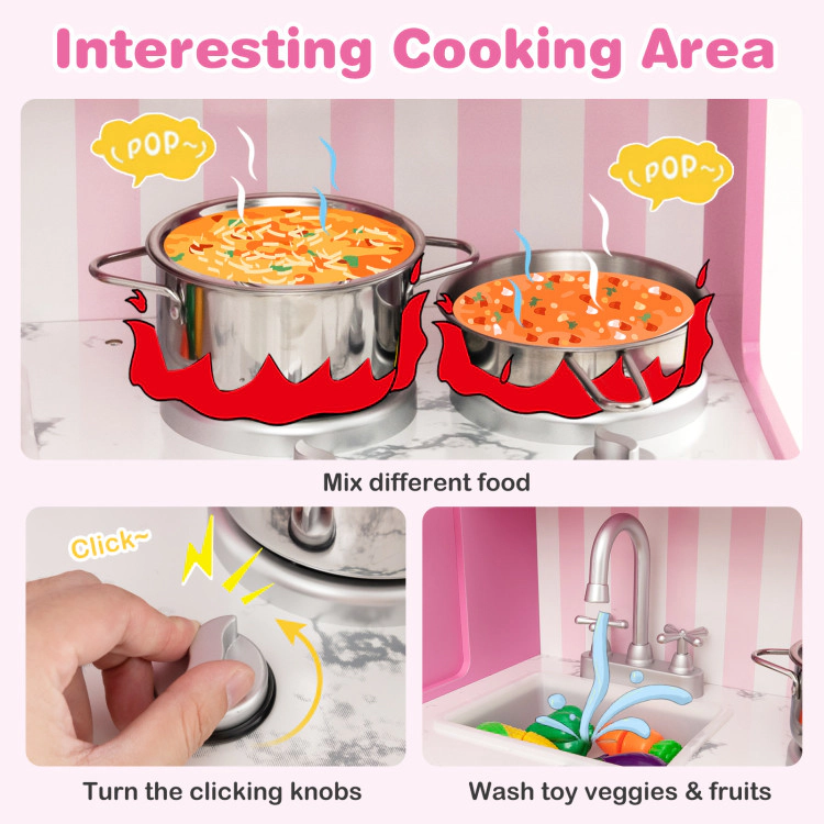 Hivvago Kids Kitchen Playset Wooden Toy with Adjustable LED Lights and Washing Machine